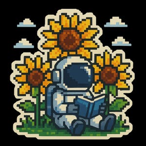 Astronauta galattico in un mare di fiori, seduto tra i girasoli mentre legge un libro. Adesivo a forma di cartone animato resistente alle intemperie: regalo per gli appassionati di libri sullo spazio.