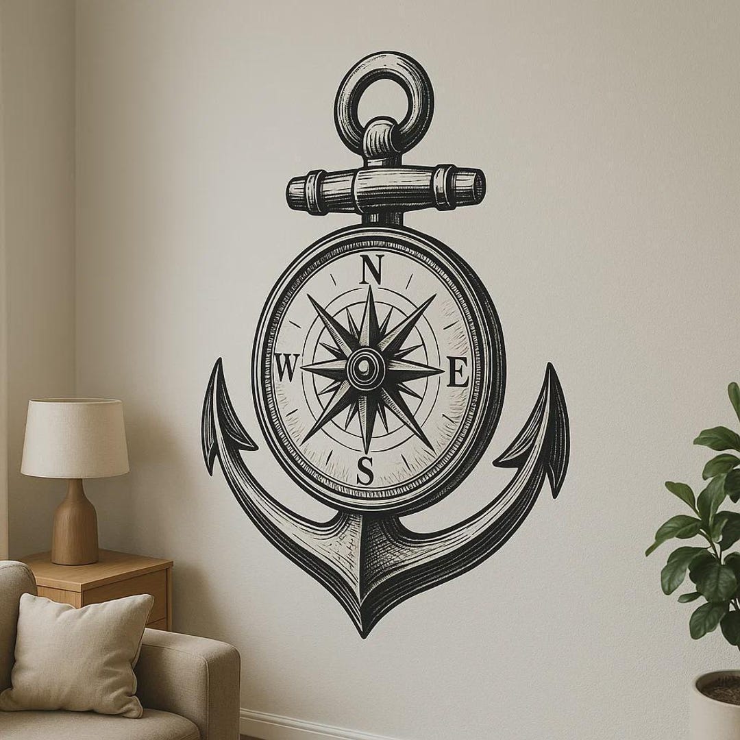 Compass and Anchor Realistic Wall Sticker Maritime Navigation Motif ...