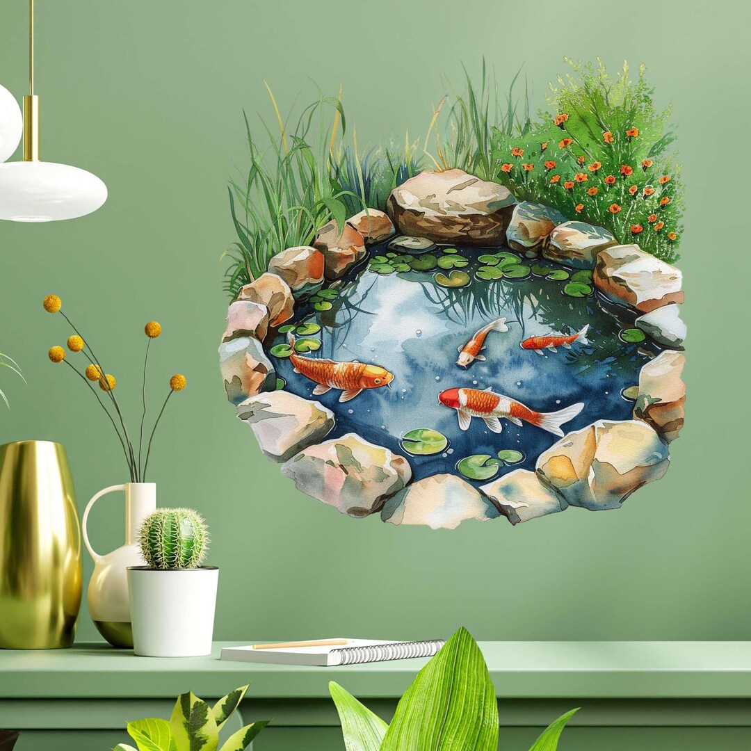 Koi Pond Wall Sticker – Peaceful Koi Fish in a Japanese Garden Pond ...