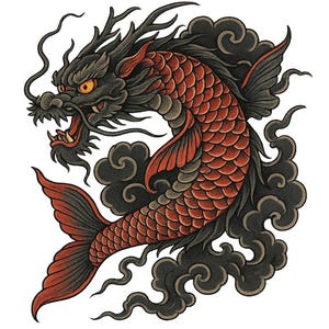 May include: A detailed illustration of a dragon-like koi fish. The fish features a red and black color scheme with intricate scale and fin details. Dark clouds surround the fish, and the dragon has an open mouth with visible teeth.