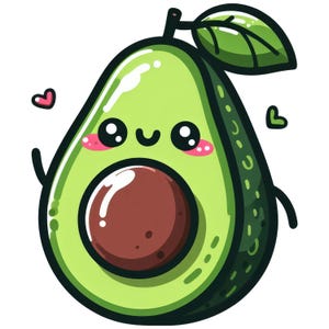 May include: A cartoon avocado character with a friendly expression. The avocado is green with a dark green outline, a brown pit, and pink cheeks. A green leaf and two small hearts are also present in the illustration.
