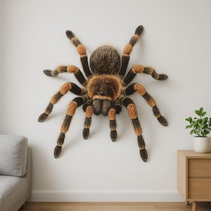 May include: A large wall decoration of a tarantula spider. The spider is brown, orange, and black, with a furry body and legs. The spider is mounted on a white wall. A decorative item for a home.