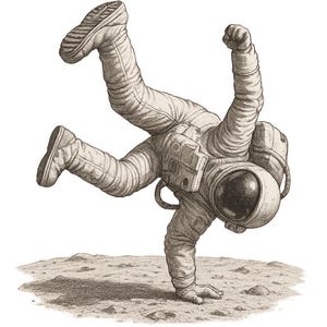 Puede incluir: Ilustración de un astronauta haciendo breakdance en una superficie lunar. El astronauta lleva un traje espacial blanco con un casco negro y está haciendo el pino. El suelo es de color gris claro con pequeños cráteres.
