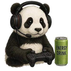 Puede incluir: Ilustración digital de un panda con auriculares y micrófono, sosteniendo un mando de videojuegos negro y junto a una lata verde de bebida energética. La lata tiene la inscripción "ENERGY DRINK".