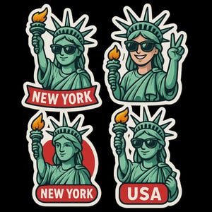 Set di 4 adesivi Statua della Libertà - Design dei cartoni animati di New York - Adesivo da viaggio negli Stati Uniti, Ragazza della libertà con occhiali da sole