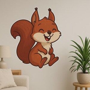 Adhesivo de pared de ardilla feliz: divertido motivo de animales del bosque para la sala de estar, la habitación de los niños o la decoración de casas móviles para los amantes de los animales de la naturaleza.