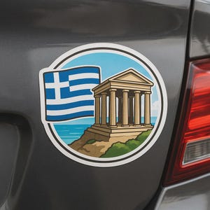 Adesivo con bandiera greca con tempio e vista mare per camper, laptop, auto, regalo per tifosi e viaggiatori dell'Hellas