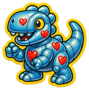ハートステッカー付きロボット恐竜 - 面白い漫画ステッカー - 耐候性 - 恐竜、SF、ユーモアファンへのギフト
