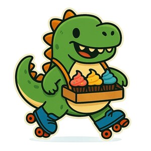 ローラースケートに乗ったカップケーキトレイを持つ恐竜 - 面白い漫画ステッカー - 耐候性 - 恐竜、キャンディ、ユーモアファンへのギフト