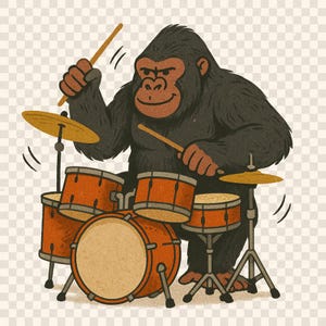 Könnte beinhalten: Ein schwarzer Gorilla spielt ein Schlagzeug mit vier Trommeln und zwei Becken. Der Gorilla trägt einen schwarzen Pelzmantel und hat ein breites Lächeln im Gesicht.