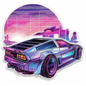 May include: A sticker featuring a stylized illustration of a futuristic car in shades of purple, blue, and pink. The car is set against a backdrop of a cityscape and a sunset, evoking a retro aesthetic.
