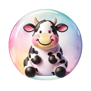 May include: A cartoon-style illustration of a smiling cow with black spots, horns, and ears. The cow is set against a soft, pastel-colored background within a circular shape. The cow has a pink nose and cheeks.