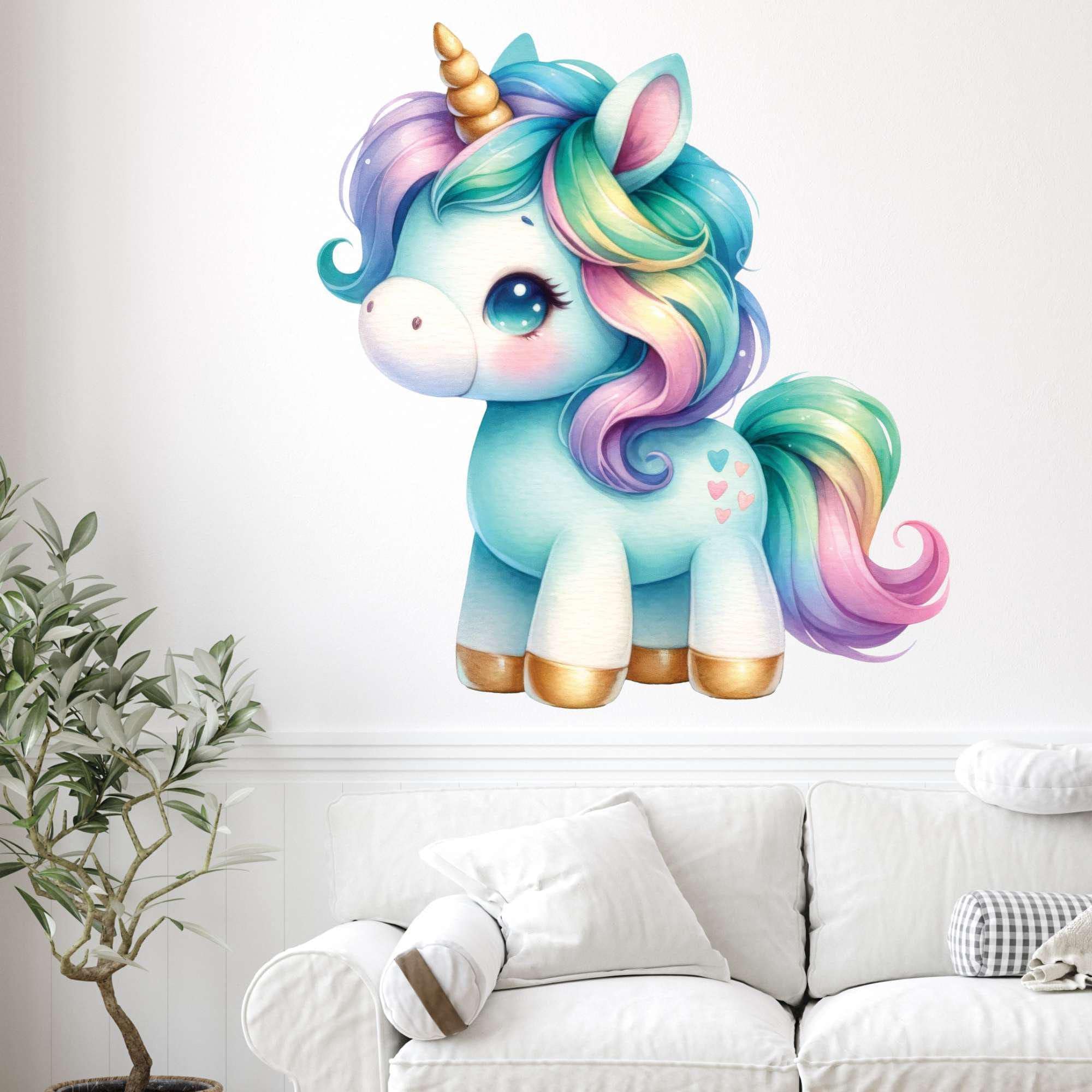 ウォールステッカー水彩ユニコーン、かわいい水彩ユニコーン壁画