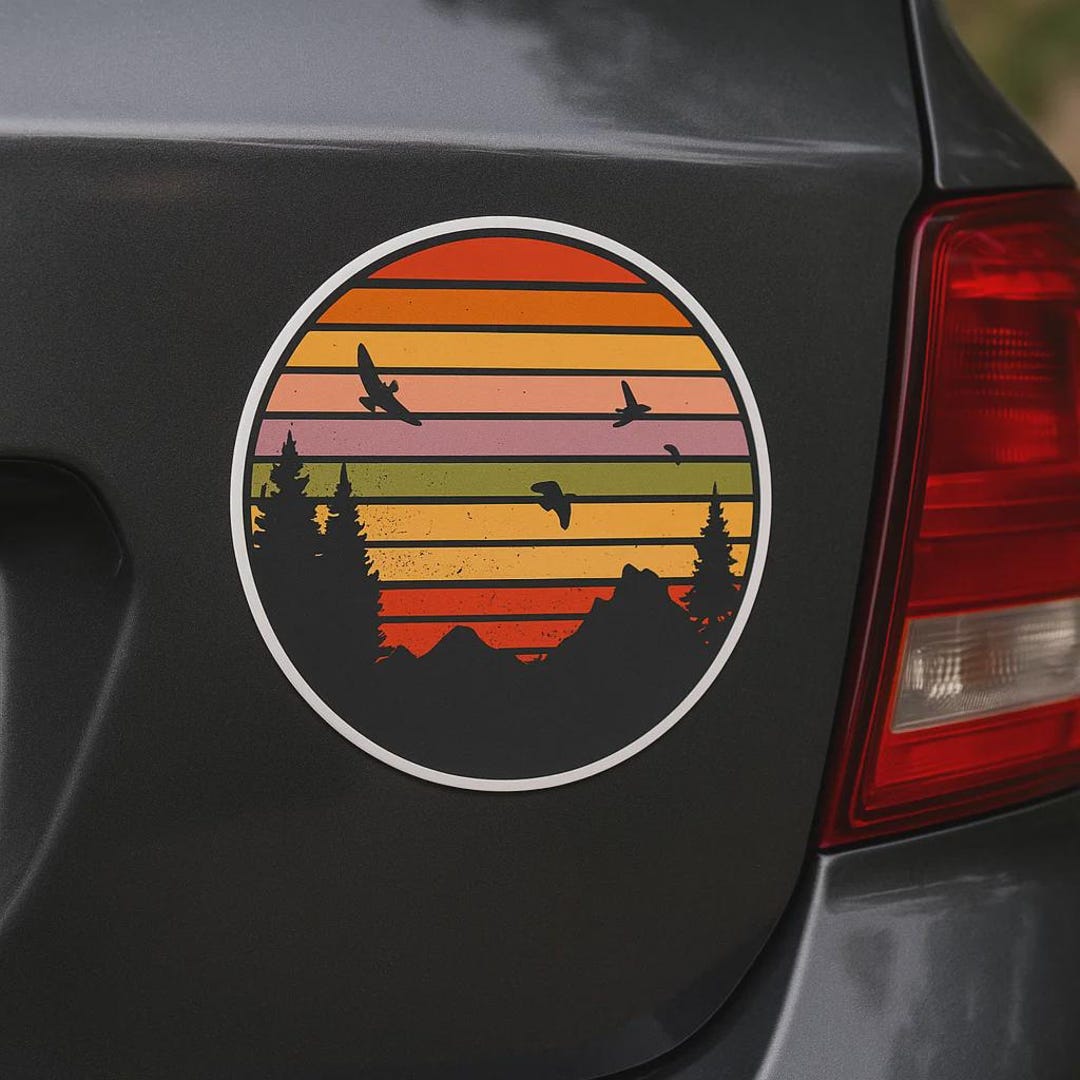 Vintage Sunset Sticker With Mountain Forest and Flying Birds Retro ...