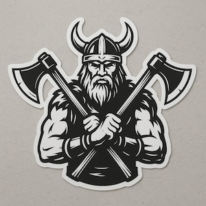 May include: A black and white illustration of a Viking warrior wearing a horned helmet, with a long beard and crossed axes. The muscular figure is depicted in a strong, bold style, suitable for stickers, decals, or apparel designs.