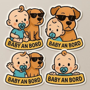 Set de pegatinas "Bebé a bordo" con perro. Bonita pegatina para coche con bebé y guardaespaldas. Diseño de dibujos animados, resistente a la intemperie.