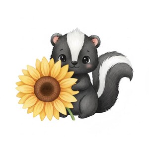 May include: A cartoon skunk with black and white markings, clutching a large yellow sunflower with a brown centre. The skunk has a cheerful expression, set against a white background.