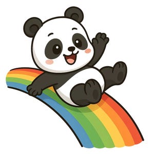 Könnte beinhalten: Ein Cartoon-Panda mit schwarz-weißem Fell rutscht eine Regenbogenrutsche hinunter. Der Panda winkt mit seiner rechten Pfote und hat einen fröhlichen Gesichtsausdruck. Der Regenbogen besteht aus roten, orangen, gelben, grünen und blauen Streifen.