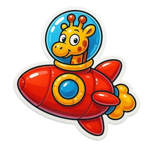 Jirafa con casco espacial en cohete – Divertida pegatina de dibujos animados – Resistente a la intemperie – Regalo para amantes de los animales, el espacio y el humor