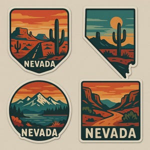 Set di adesivi con paesaggi del Nevada, 4 pezzi, adesivi per deserto e natura per auto, laptop, camper, regalo per viaggi su strada, appassionati di attività all'aperto e amanti degli USA.