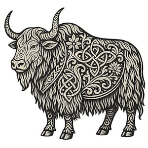 Könnte beinhalten: Schwarz-weiße Illustration eines Yaks mit aufwendigen floralen und keltischen Knotenmustern. Das Yak hat große, gebogene Hörner und ein zotteliges Fell. Geeignet für Wandkunst oder Textildesign.