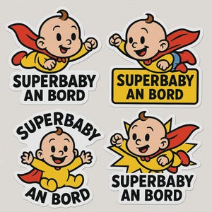 Zestaw naklejek Superbaby on Board – zabawna naklejka na samochód z dzieckiem w pelerynie – styl komiksowy, odporny na warunki atmosferyczne, dla rodziców z poczuciem humoru