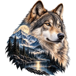 Op de afbeelding: Een grafische illustratie van een wolvenkop met amberkleurige ogen, met een dubbelbelichtingseffect dat een landschap onthult van besneeuwde bergen, een volle maan, een dicht dennenbos en een kalm meer met reflecties op het wateroppervlak.