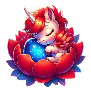 Puede incluir: Ilustración de un unicornio durmiente en una flor roja. El unicornio tiene un cuerpo blanco, un cuerno en espiral y una melena y cola rojas. Abraza un orbe azul estrellado, rodeado de pétalos rojos y azules.