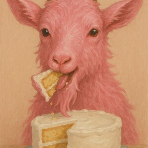 Funny goat illustration, funny goat with cake, cartoon animal sticker, humorous design, cute goat sticker, funny gift