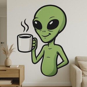 Alien with Coffee Cup Wall Sticker Funny Cartoon Decal for Wall RV Laptop Gift for Coffee Junkies, Sci-Fi and Humor Fans