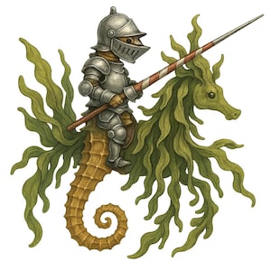 May include: An illustration of a knight in silver armor riding a seahorse made of seaweed. The seahorse is tan and green, and the knight holds a red and white striped lance. The background is white.