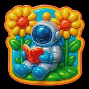 Astronauta galattico in un mare di fiori, seduto tra i girasoli mentre legge un libro. Adesivo a forma di cartone animato resistente alle intemperie: regalo per gli appassionati di libri sullo spazio.
