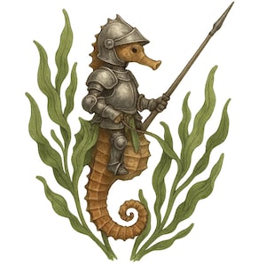 May include: An illustration of a seahorse knight in silver armor, holding a spear, riding through green seaweed. The seahorse has a brown body and a helmet. The artwork has a whimsical, fantasy theme.