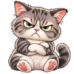 Può includere: Un gatto tigrato grigio e bianco dal pelo soffice con un'espressione imbronciata, occhi verdi e naso rosa, seduto con le zampe anteriori incrociate sul petto. Il gatto presenta strisce grigio scuro sulla testa, sulla schiena e sulla coda.