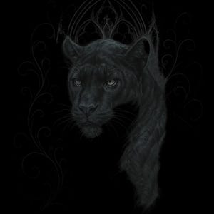 May include: A detailed illustration of a black panther on a black backdrop. The panther's face is in sharp focus, with piercing eyes and detailed fur. Delicate, swirling patterns and an arched design frame the panther, creating a gothic aesthetic.