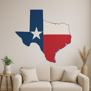 Sticker mural carte du Texas avec drapeau – contour des États américains avec motif Lone Star pour décoration de salon, de garage ou de camping-car pour les fans du Texas USA
