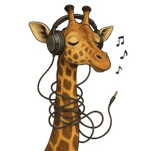 Può includere: Illustrazione di una giraffa con cuffie nere, con note musicali che fluttuano nelle vicinanze. La giraffa ha gli occhi chiusi e un'espressione serena. Il cavo delle cuffie è avvolto attorno al collo della giraffa. La giraffa ha un motivo a macchie marroni e beige.