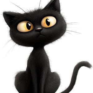 Op de afbeelding: Een cartoon illustratie van een zwarte kat met grote gele ogen en een enigszins humeurige uitdrukking. De kat zit rechtop met zijn staart gekruld en heeft lange snorharen. De vacht is gedetailleerd en getextureerd, waardoor de kat een pluizig uiterlijk heeft.