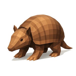 Könnte beinhalten: Eine braune, geometrische Gürteltierfigur. Die Figur hat einen segmentierten Panzer und ist in einer Laufhaltung dargestellt. Das Gürteltier ist in Brauntönen gehalten und hat ein polygonales Design.