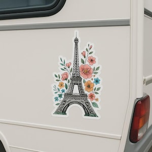花のエッフェル塔ステッカー。花の要素が入ったロマンチックなパリステッカー。ノートパソコン、車、キャンピングカー、旅行、フランスへのギフトに。