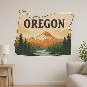 Carte de l'Oregon et autocollant mural paysage motif nature avec contour des montagnes comme autocollant pour mur camping-car ordinateur portable cadeau pour USA extérieur