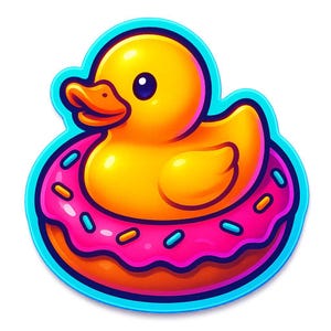 アヒルの子のための救命浮輪としてのドーナツ – かわいい漫画ステッカー – 耐候性 – 動物、グルメ、ユーモア好きへのギフト