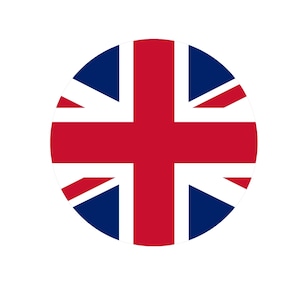 Op de afbeelding: Een cirkelvormige afbeelding met de Union Jack, de nationale vlag van het Verenigd Koninkrijk. Het ontwerp bevat een rood kruis en diagonale rode strepen op een witte achtergrond, met blauwe secties in de hoeken.