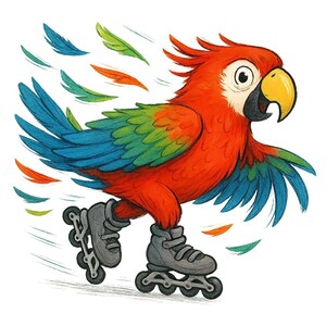 Puede incluir: Ilustración colorida de un loro rojo con alas azules y verdes, usando patines grises. El loro está en movimiento, con plumas coloridas que se arrastran detrás de él. El fondo es blanco.