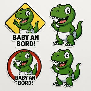 Zestaw naklejek T-Rex na pokładzie – zabawna naklejka „Baby on Board” z dinozaurem w pieluszce – naklejka na samochód z humorem – odporna na warunki atmosferyczne i przyciągająca wzrok