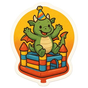 Adesivi a forma di drago su castello gonfiabile con cappello da festa, adesivi a forma di fumetto per bambini fantasy, amici di compleanno e appassionati di divertimento volante