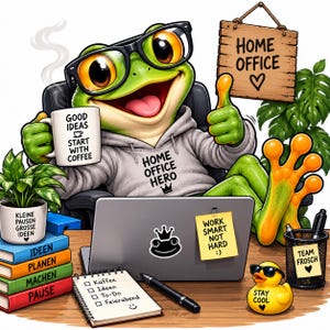 Peut inclure: Une grenouille verte portant des lunettes noires et un sweat à capuche gris avec le texte HOME OFFICE HERO est assise à un bureau. Elle tient une tasse marquée GOOD IDEAS START WITH COFFEE. Un ordinateur, un carnet et un canard jaune sont présents.
