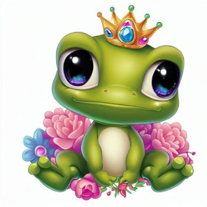 Naklejka Kawaii Frog Prince – słodka żaba z koroną jako zabawna naklejka dla dzieci fanów bajek i słodka ilustracja zwierząt