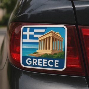 Adesivo con bandiera greca con tempio e vista mare per camper, laptop, auto, regalo per tifosi e viaggiatori dell'Hellas