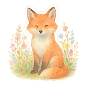 Adesivo volpe acquerello – disegno prato fiorito – adesivo per laptop, bullet journal, motivo natura, adesivo animale carino